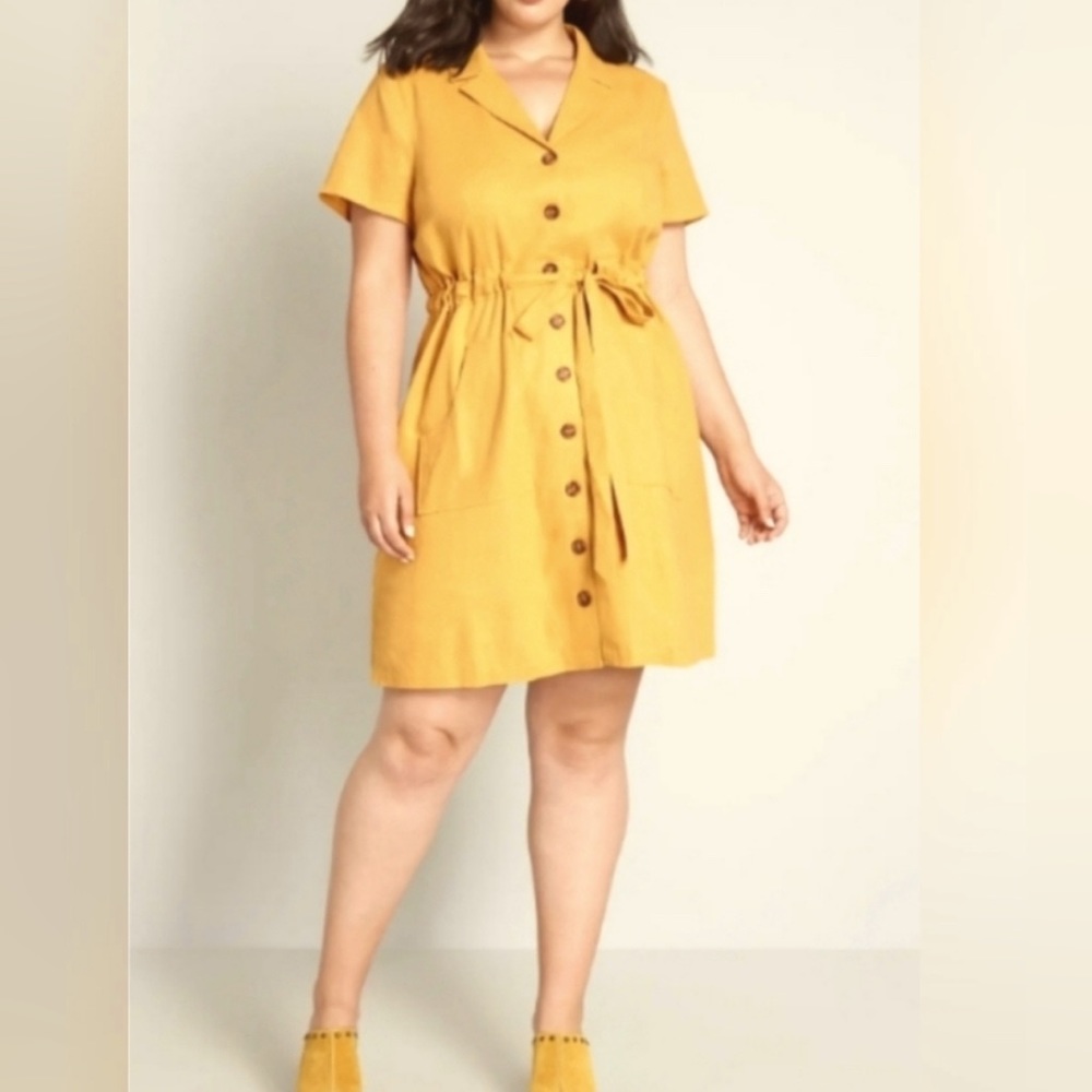 Modcloth “Enthralled Again” mustard yellow linen-blend shirt dress